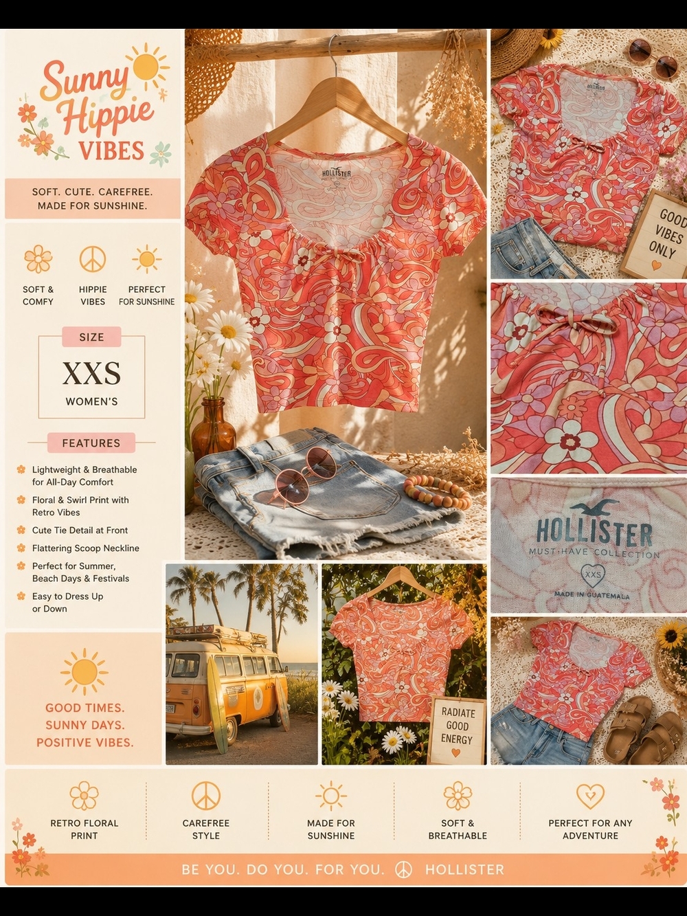 Hollister Coral Pink Floral Retro Scoop Neck Crop Top